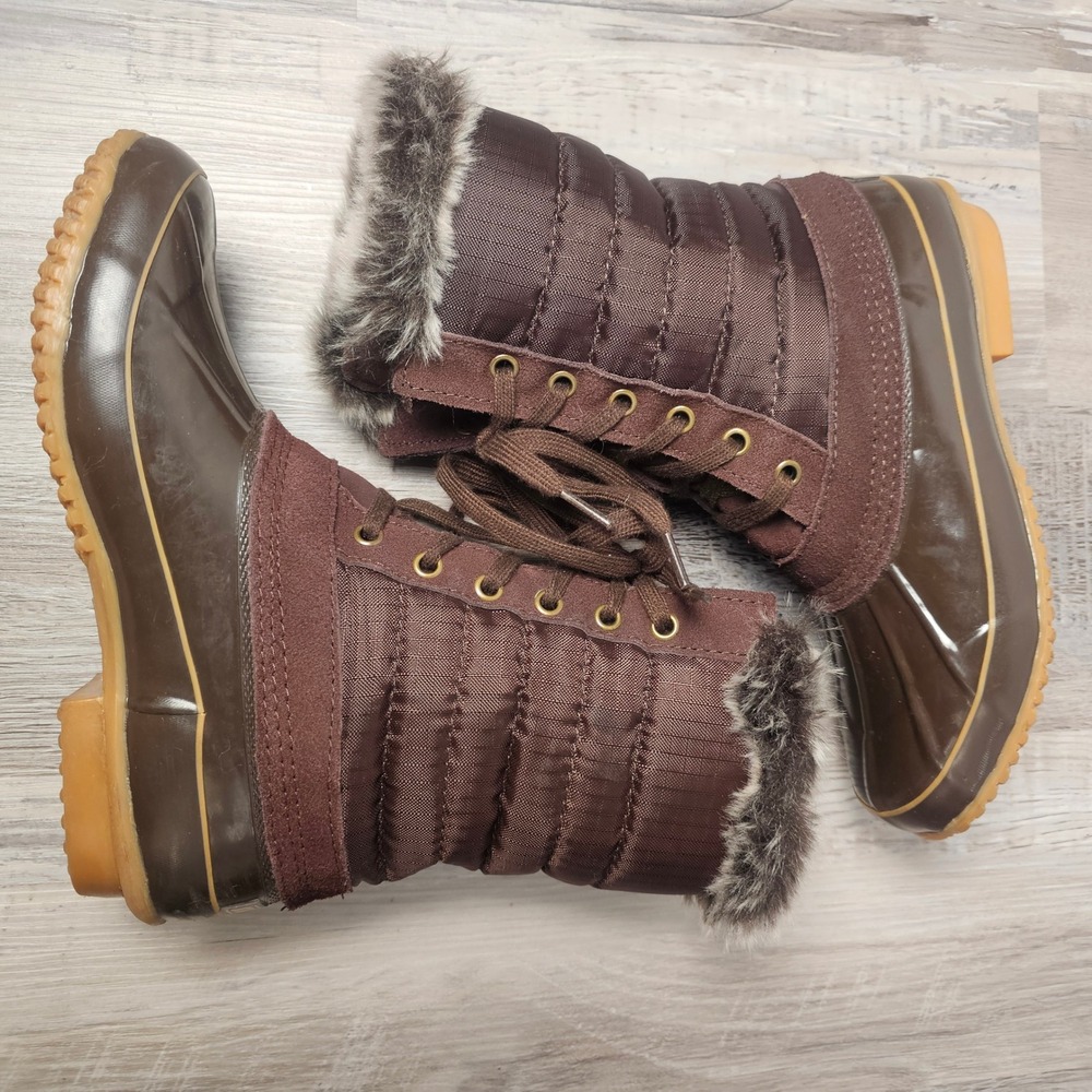 Khombu BW1244 Duck Boots Women 8 Brown Quilted Faux Fur Winter Waterproof